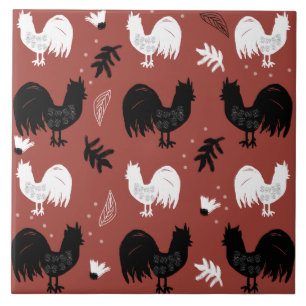 Carreau Motif de ferme floral dessiné à la main Coqs