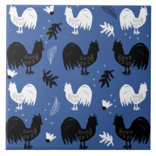 Carreau Motif de ferme floral dessiné à la main de coqs