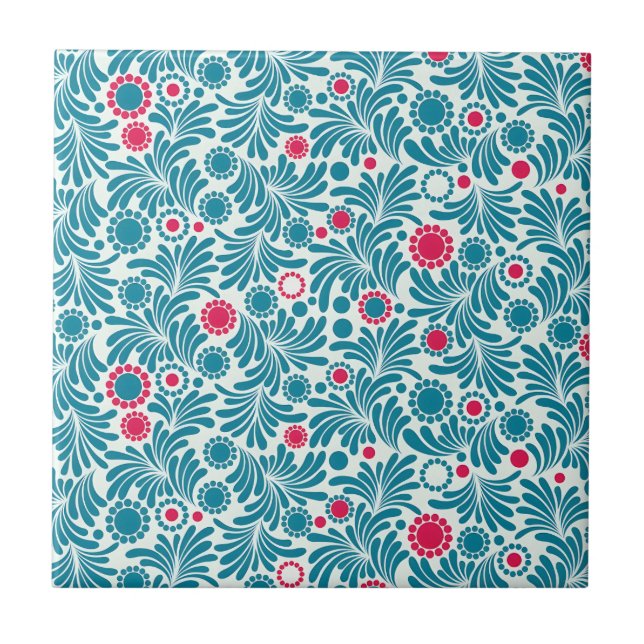 Carreau Motif de feuillage élégant sarcelle et magenta (Devant)