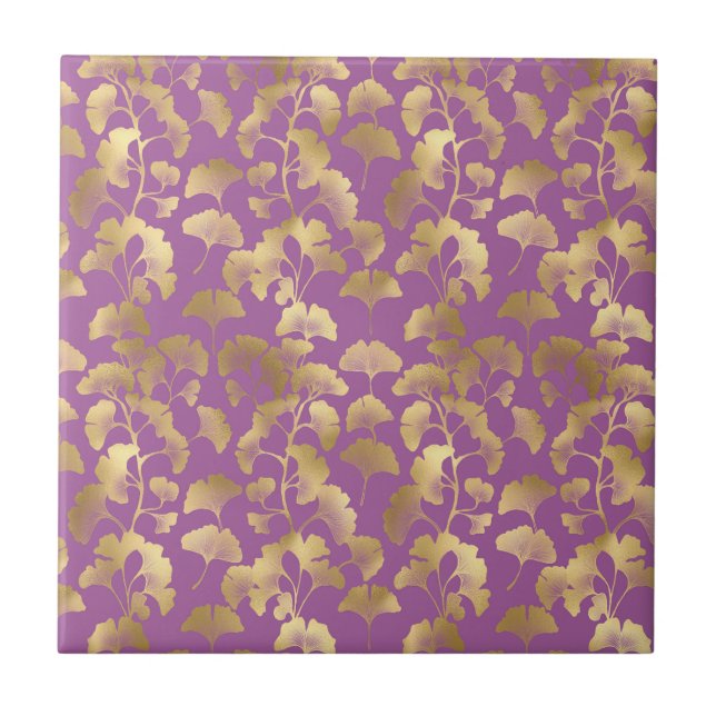 Carreau Motif de feuille de Ginkgo minimal pourpre or (Devant)