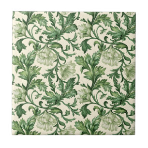 Carreau Motif de feuilles d'acanthe vert foncé orné