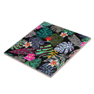 Carreau Motif de feuilles et de fleurs tropicales vibrante