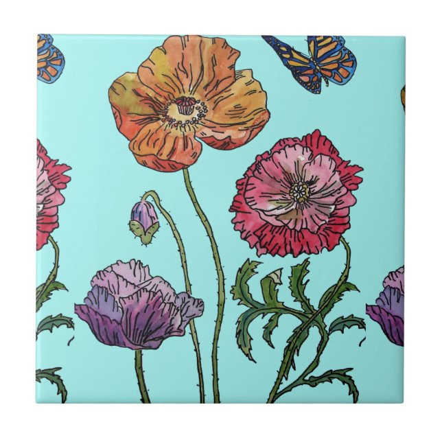 Carreau Motif de fleur aquarelle orange rouge pourpre (Devant)