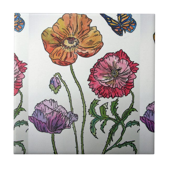 Carreau Motif de fleur aquarelle rouge orange pourpre Coqu (Devant)