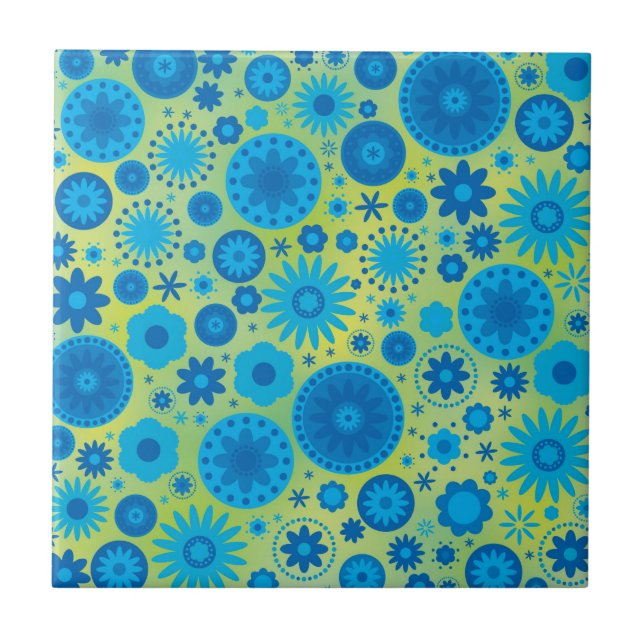 Carreau Motif de fleur de hippie de bleu et de turquoise (Devant)