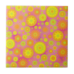 Carreau Motif de fleur jaune-orange et rose de hippie