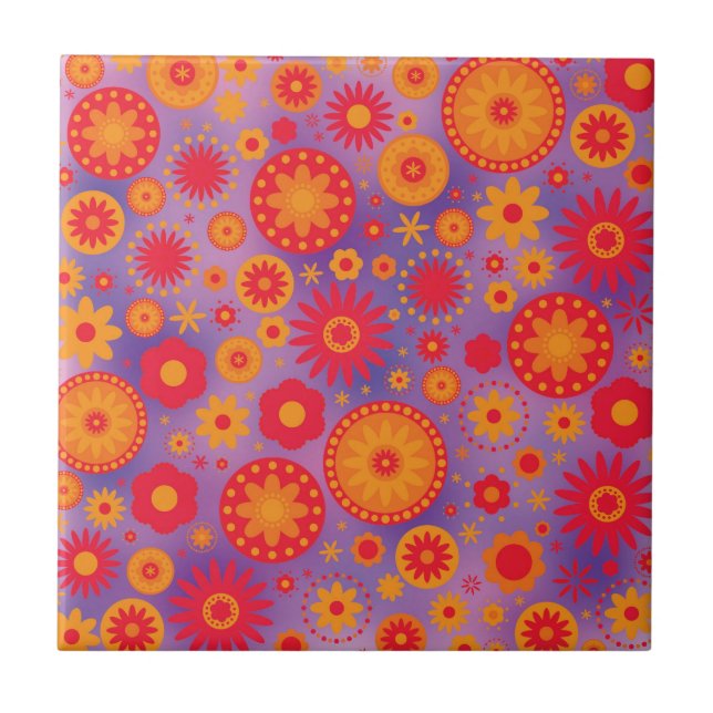 Carreau Motif de fleur orange et pourpre rouge de hippie (Devant)