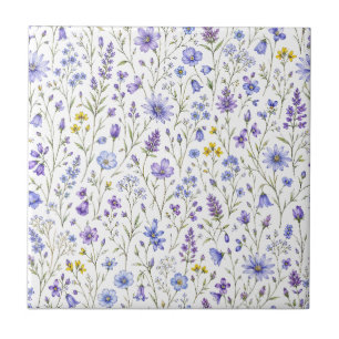 Carreau Motif de fleur sauvage à l'aquarelle bleu violet j