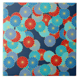 Carreau Motif de fleurs Art Déco - bleu, turquoise et roug