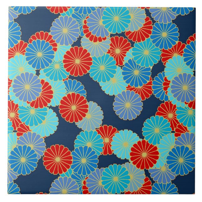 Carreau Motif de fleurs Art Déco - bleu, turquoise et roug (Devant)