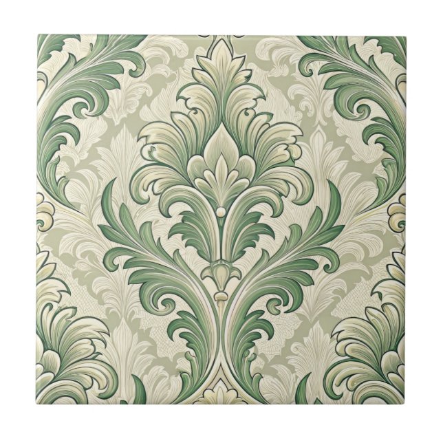 Carreau Motif de fleurs botaniques vintage vert et beige (Devant)