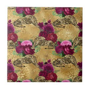 Carreau Motif de fleurs de rose rouge Cheetah Leopard