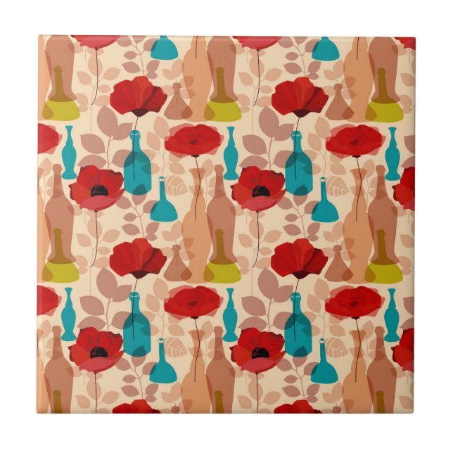 Carreau Motif de fleurs, de vases et de bouteilles (Devant)