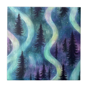 Carreau Motif de forêt aurorale à l'aquarelle