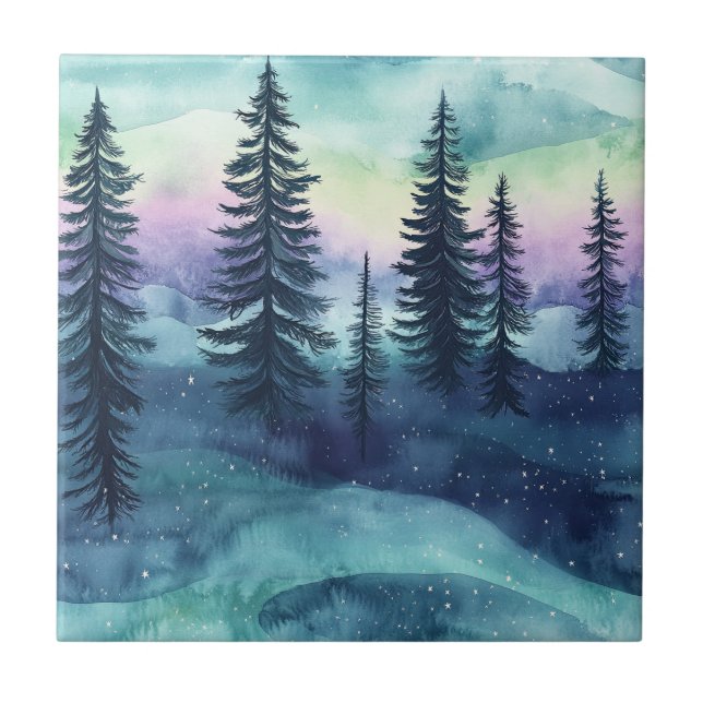 Carreau Motif de forêt aurorale nordique (Devant)
