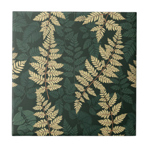 Carreau Motif de forêt de fougères d'or émeraude