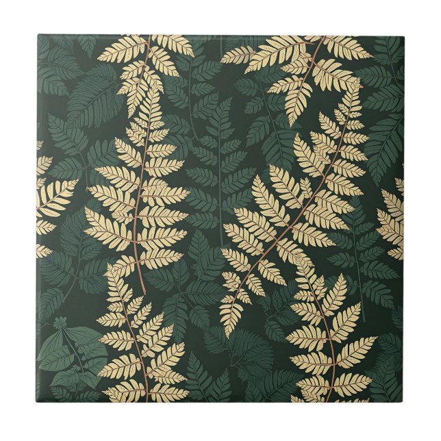 Carreau Motif de forêt de fougères d'or émeraude (Devant)