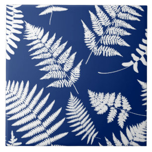 Carreau Motif de fougères de bois, bleu de cobalt et blanc