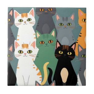 Carreau Motif de foule de chats de dessin animé colorés