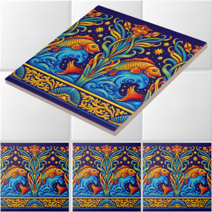 Carreau Motif de frise Art Nouveau avec poissons Koi et fl