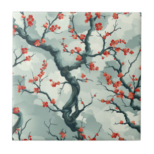 Carreau Motif de lavis à l'encre de fleurs de prunier roug