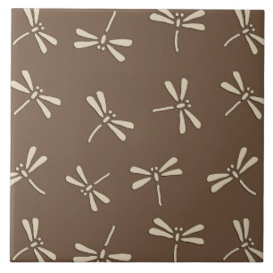 Carreau Motif de libellules japonaises, crème et Taupe Tan