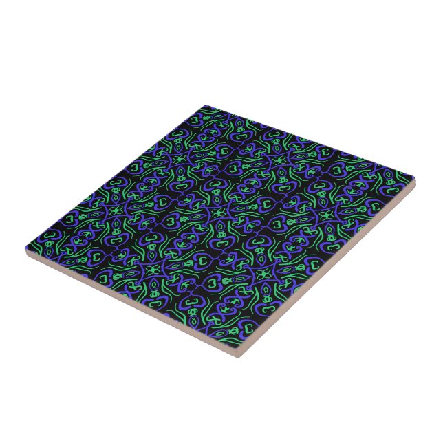 Carreau Motif de ligne abstrait en vert, violet et noir (Côté)