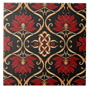 Carreau Motif de Lotus Rouge Royal et Filigrane Doré