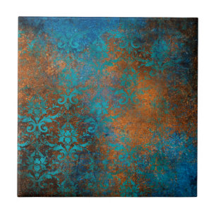 Carreau Motif de Luxe Floral Décoratif Brun Bleu Grunge