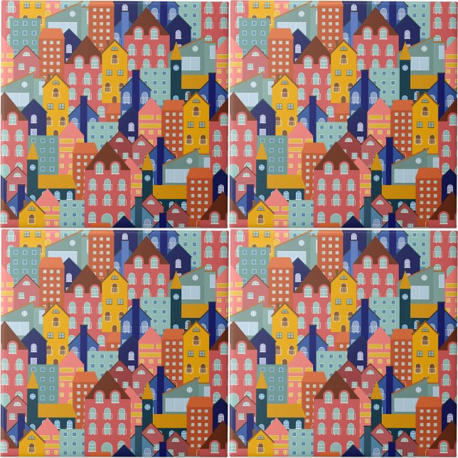 Carreau Motif de maisons de ville de quartier (Neighborhood Block City Houses Pattern Ceramic Tile)