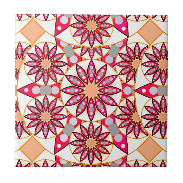Carreau Motif de mandala, corail, pêche, blanc et gris (Devant)