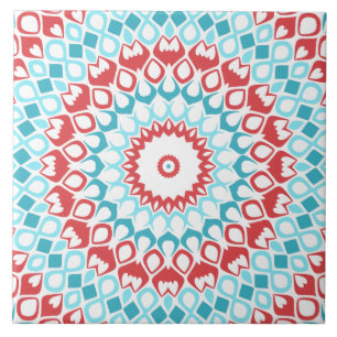 Carreau Motif de mandala géométrique rouge et aqua