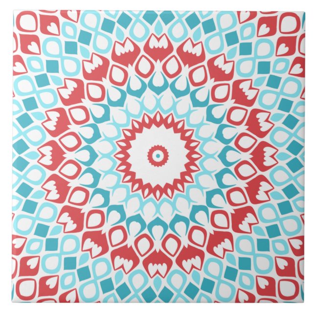 Carreau Motif de mandala géométrique rouge et aqua (Devant)