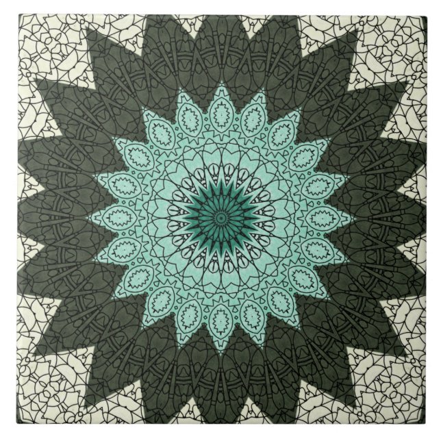 Carreau Motif de mandala géométrique sarcelle et vert (Devant)