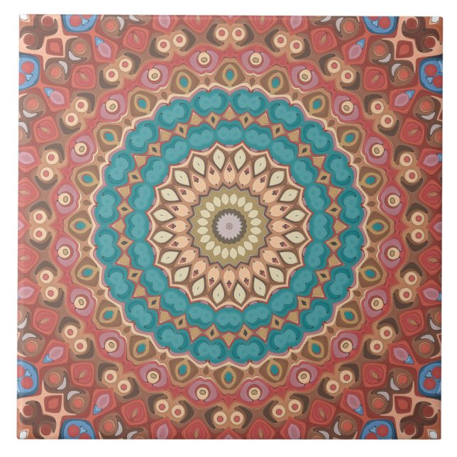 Carreau Motif de mandala géométrique Turquoise et Terracot (Devant)