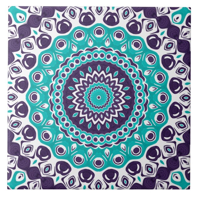 Carreau Motif de mandala turquoise et prune vif (Devant)