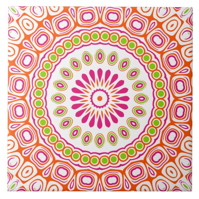 Carreau Motif de mandala vibrant fuchsia orange et vert (Devant)
