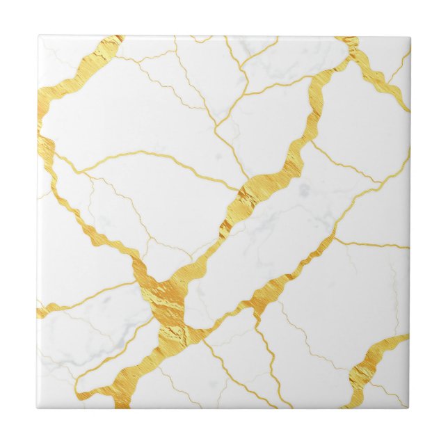 Carreau Motif de marbre blanc avec veines d'or (Devant)