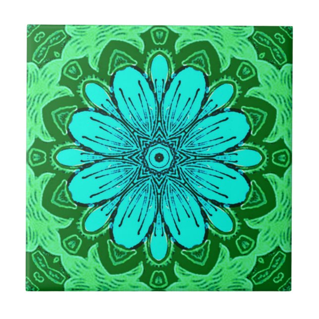 Carreau Motif de marguerite géométrique en Turquoise et Ve (Devant)