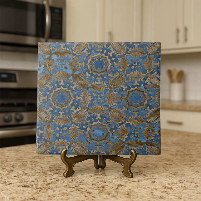 Carreau Motif de médaillon orné bleu profond et or (Créateur téléchargé)