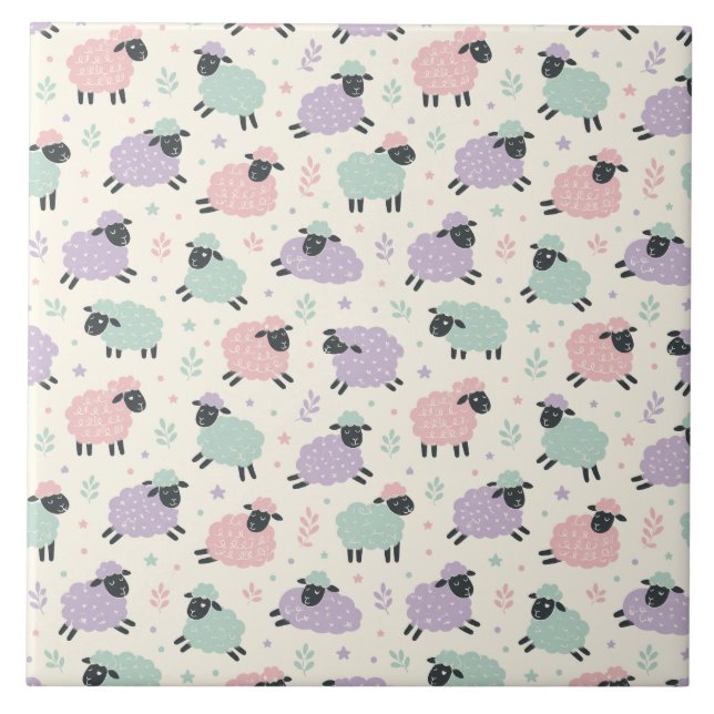 Carreau Motif de moutons arc-en-ciel pastel (Devant)