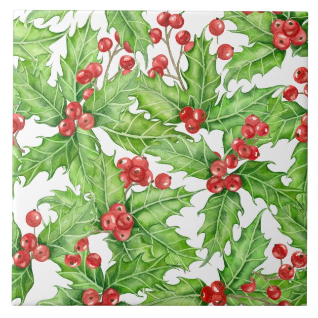 Carreau Motif de Noël à l'aquarelle de baie blanche (Devant)