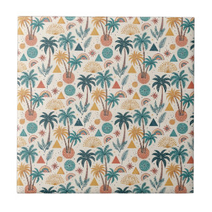 Carreau Motif de palmier tropical rétro et soleil géométri