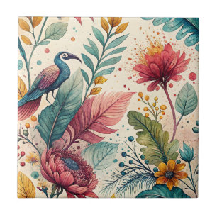Carreau Motif de peinture à l'aquarelle de fleurs et d'ois
