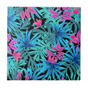Carreau Motif de Plante Neon Pink et Blue Tropical