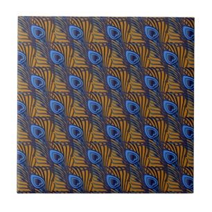Carreau Motif de plumes de paon bleu et orange de minuit