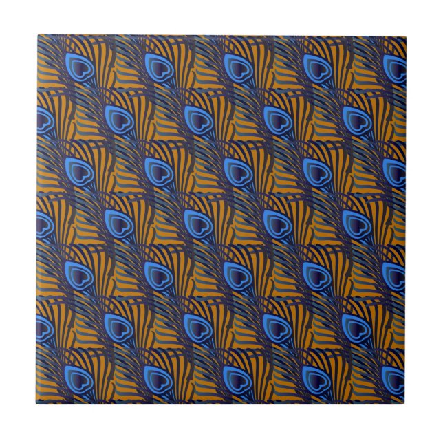 Carreau Motif de plumes de paon bleu et orange de minuit (Devant)