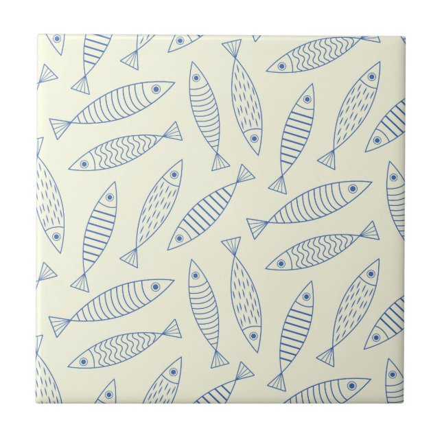 Carreau Motif de poisson sardine bleu doodle contour  (Devant)