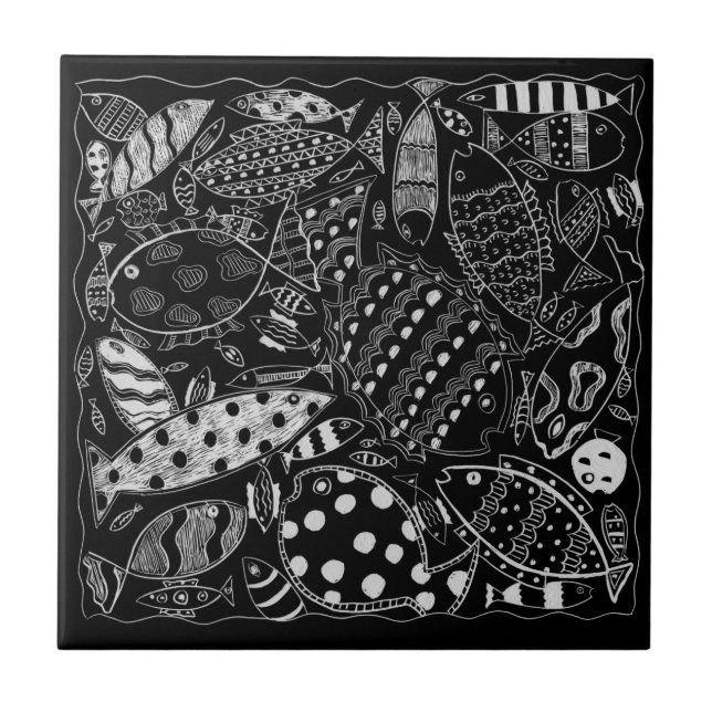 Carreau Motif De Poissons Décoratifs Noir Et Blanc Moderne (Devant)