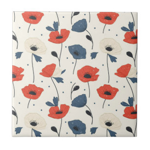 Carreau Motif de Poppies d'aquarelle - Rouge, Bleu et Blan